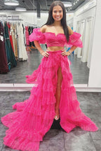 Captivating Two-Piece Puff Sleeve Ruffle Glitter Tulle Prom Dress with Slit BM bride