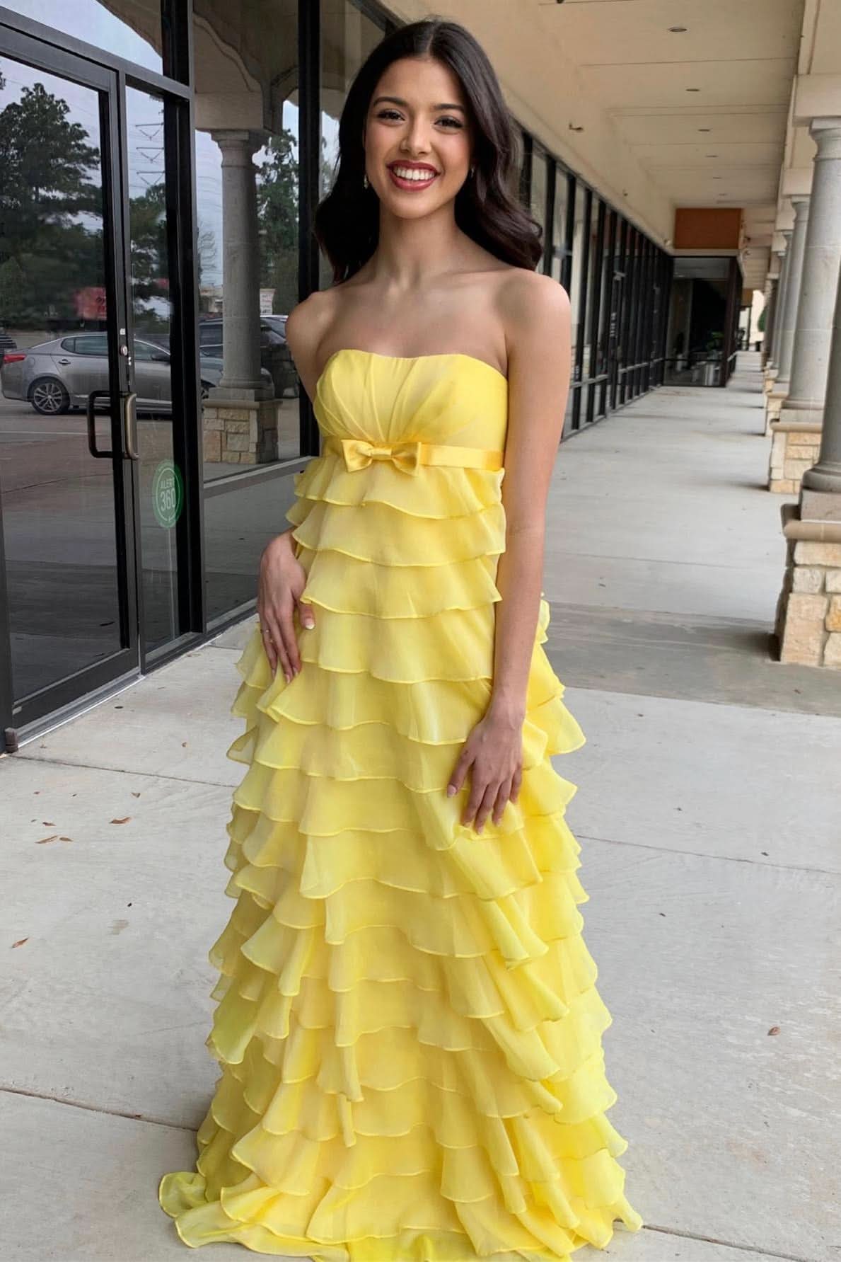 Stylish Strapless High-Waist Ruffle Tiered Long Prom Dress with Bow BM bride