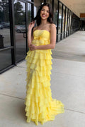 Stylish Strapless High-Waist Ruffle Tiered Long Prom Dress with Bow BM bride