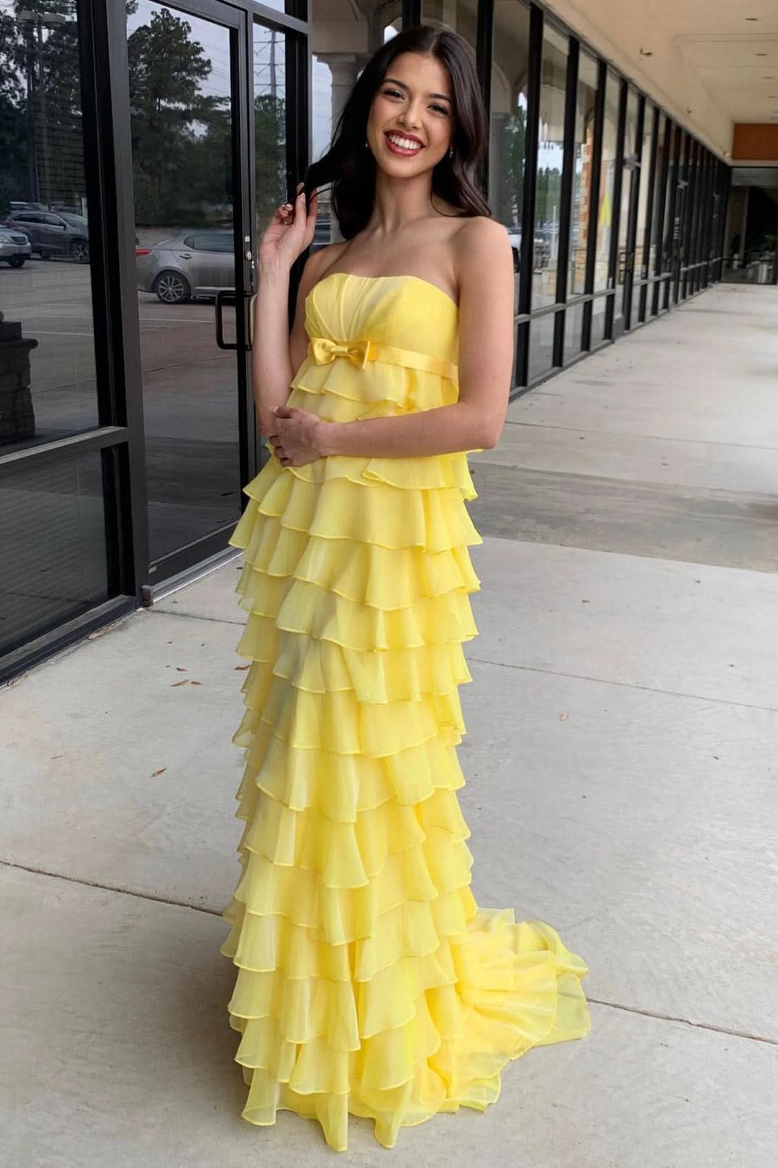 Stylish Strapless High-Waist Ruffle Tiered Long Prom Dress with Bow BM bride