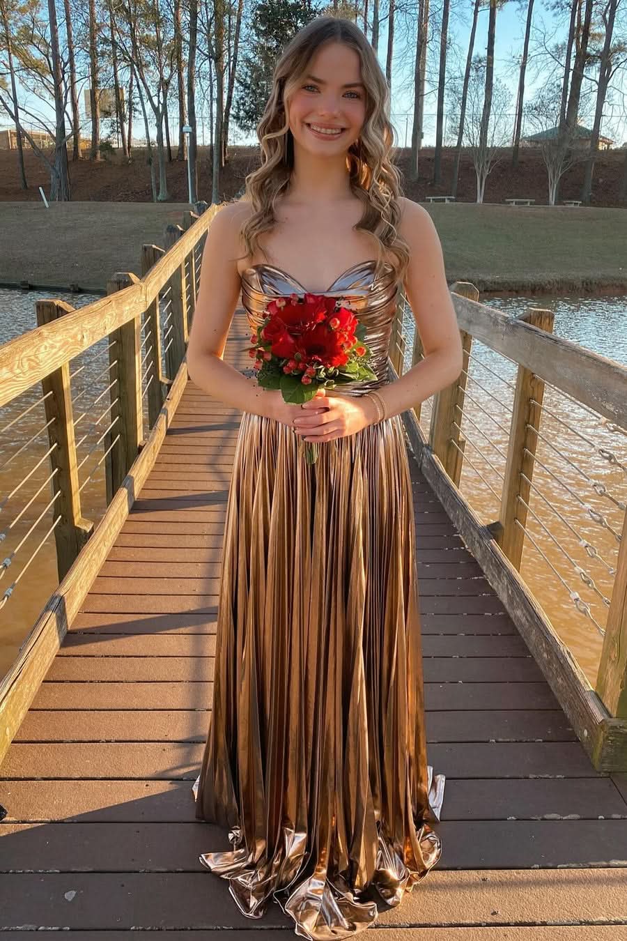 Enchanting Green Metallic Strapless Pleated A-Line Long Prom Dress BM bride