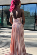 Enchanting Green Metallic Strapless Pleated A-Line Long Prom Dress BM bride