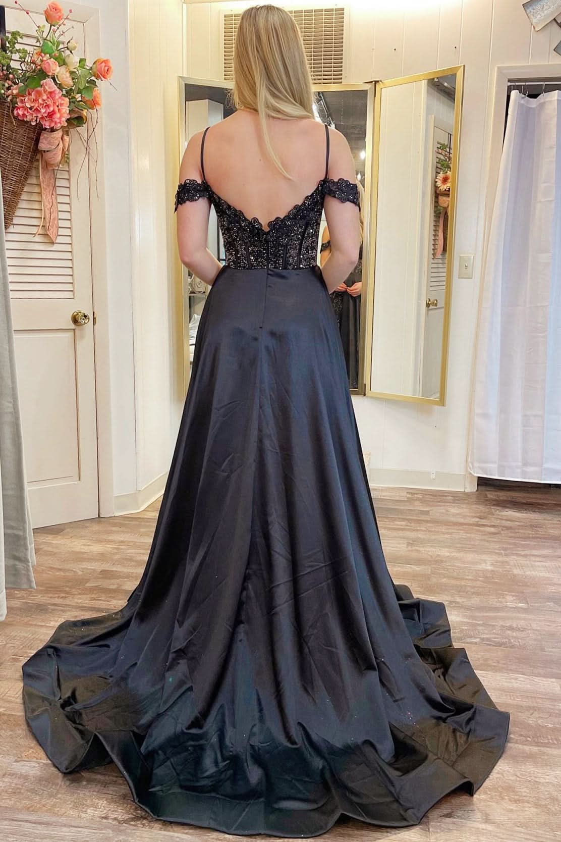 Gorgeous Cold-Shoulder Beaded A-Line Formal Dress with Slit BM bride