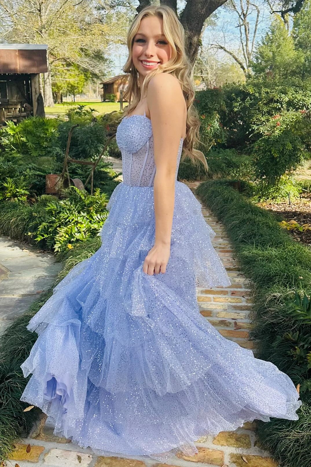 Captivating Lavender Tulle Sequin Ruffle Tiered Long Prom Dress BM bride