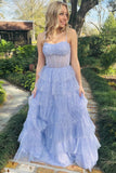 Captivating Lavender Tulle Sequin Ruffle Tiered Long Prom Dress BM bride