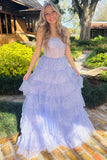 Captivating Lavender Tulle Sequin Ruffle Tiered Long Prom Dress BM bride