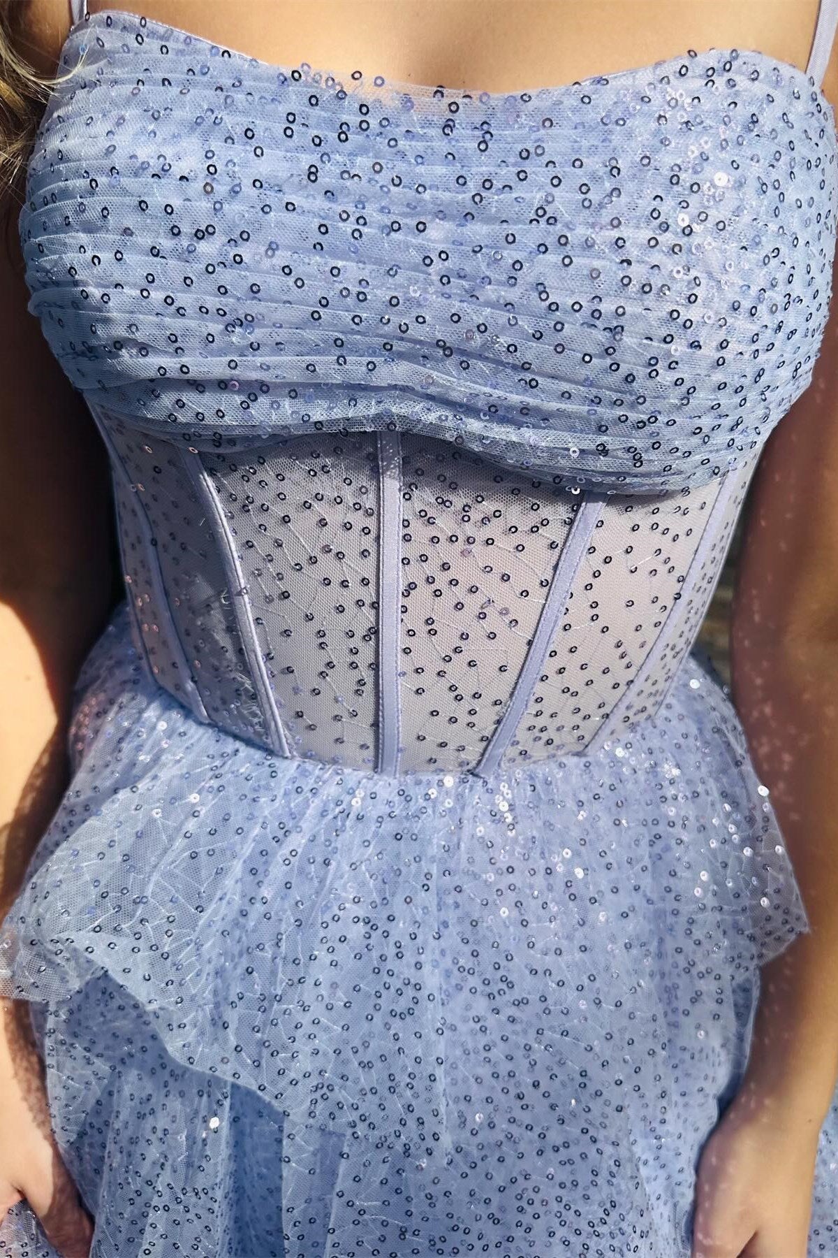 Captivating Lavender Tulle Sequin Ruffle Tiered Long Prom Dress BM bride