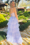 Captivating Lavender Tulle Sequin Ruffle Tiered Long Prom Dress BM bride