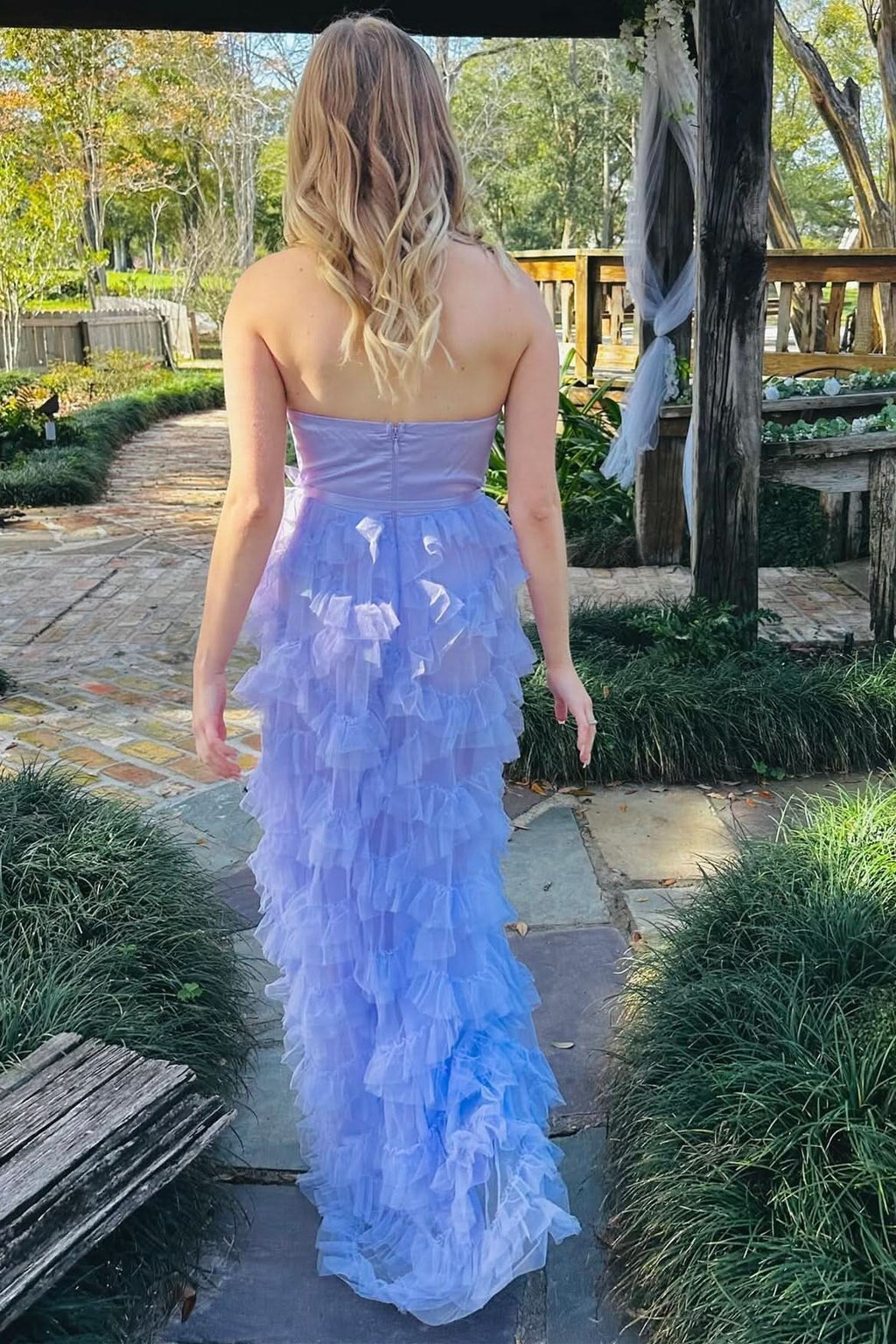 Charming Lavender Sweetheart Bow Belt Ruffle Maxi Dress BM bride