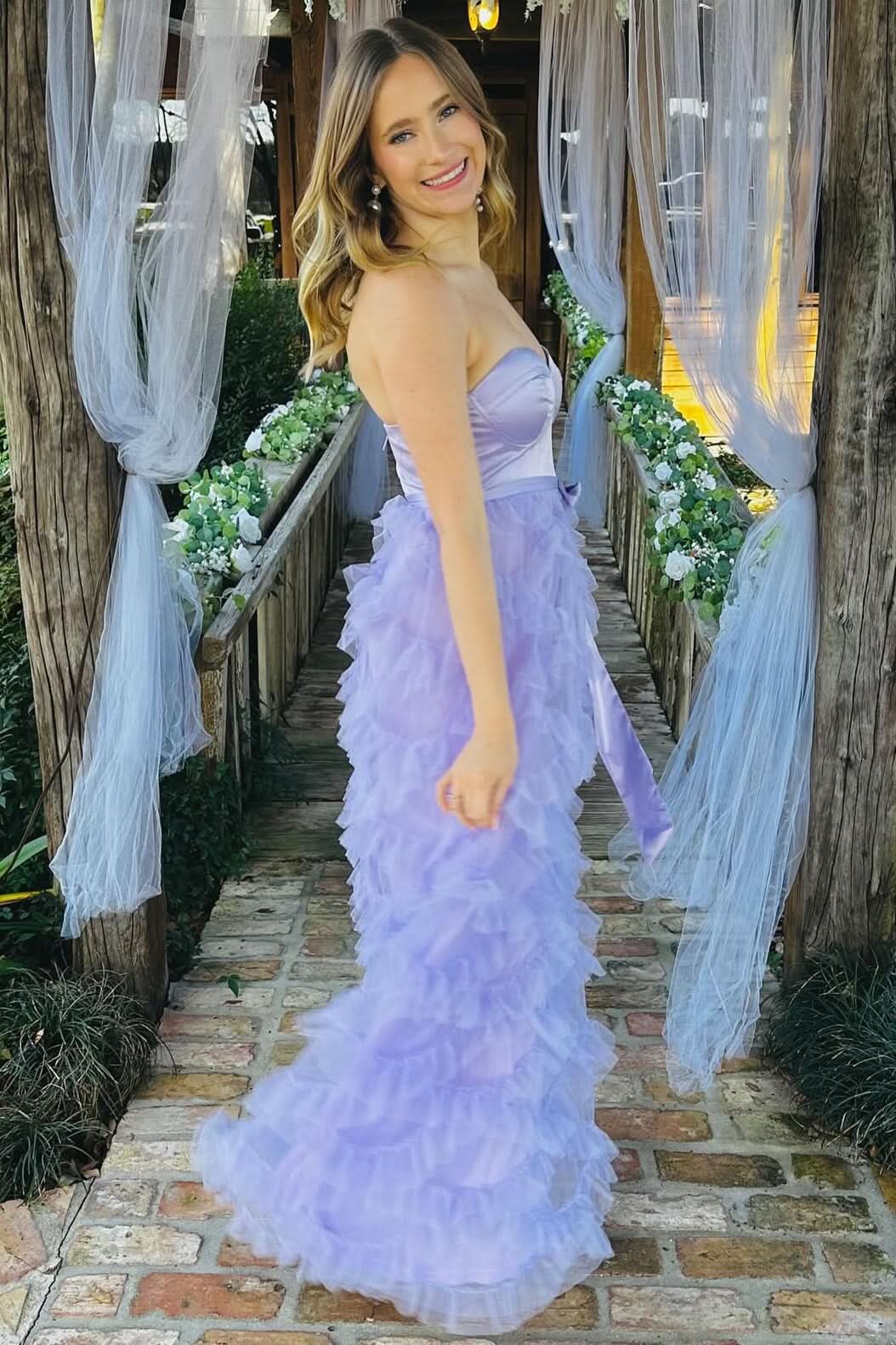 Charming Lavender Sweetheart Bow Belt Ruffle Maxi Dress BM bride