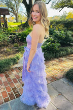 Charming Lavender Sweetheart Bow Belt Ruffle Maxi Dress BM bride