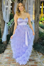 Charming Lavender Sweetheart Bow Belt Ruffle Maxi Dress BM bride