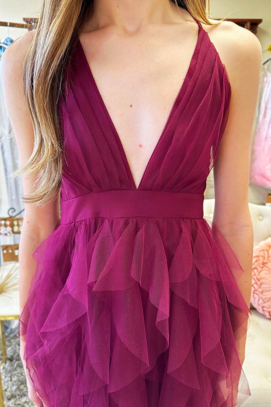Stylish Cross-Back Plunge V Ruffle Maxi Dress in Smoky Blue BM bride