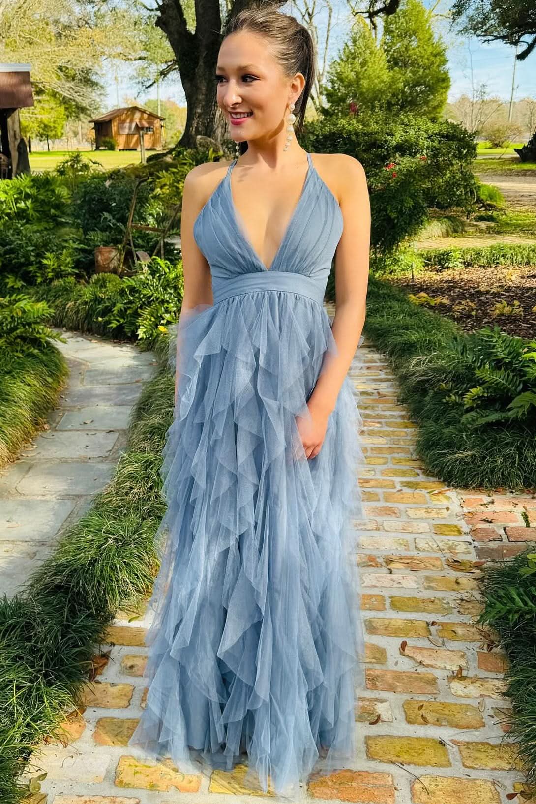 Stylish Cross-Back Plunge V Ruffle Maxi Dress in Smoky Blue BM bride