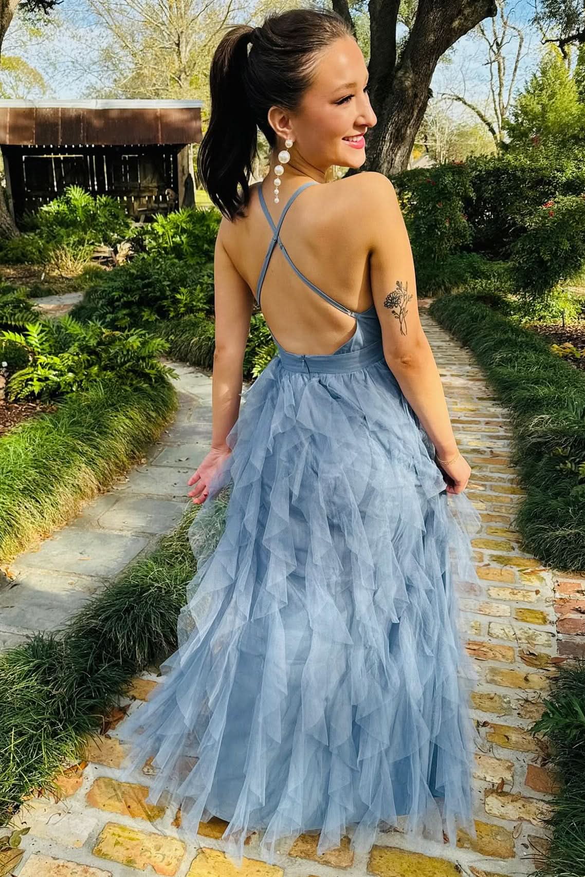 Stylish Cross-Back Plunge V Ruffle Maxi Dress in Smoky Blue BM bride