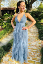 Stylish Cross-Back Plunge V Ruffle Maxi Dress in Smoky Blue BM bride