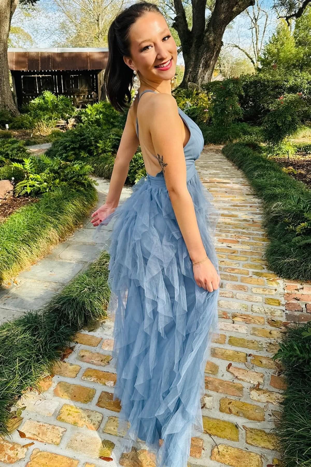 Stylish Cross-Back Plunge V Ruffle Maxi Dress in Smoky Blue BM bride