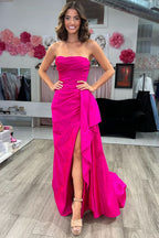 Elegant Strapless Ruched Maxi Dress with Attached Train BM bride