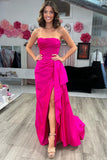 Elegant Strapless Ruched Maxi Dress with Attached Train BM bride