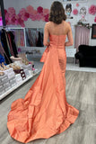 Elegant Strapless Ruched Maxi Dress with Attached Train BM bride