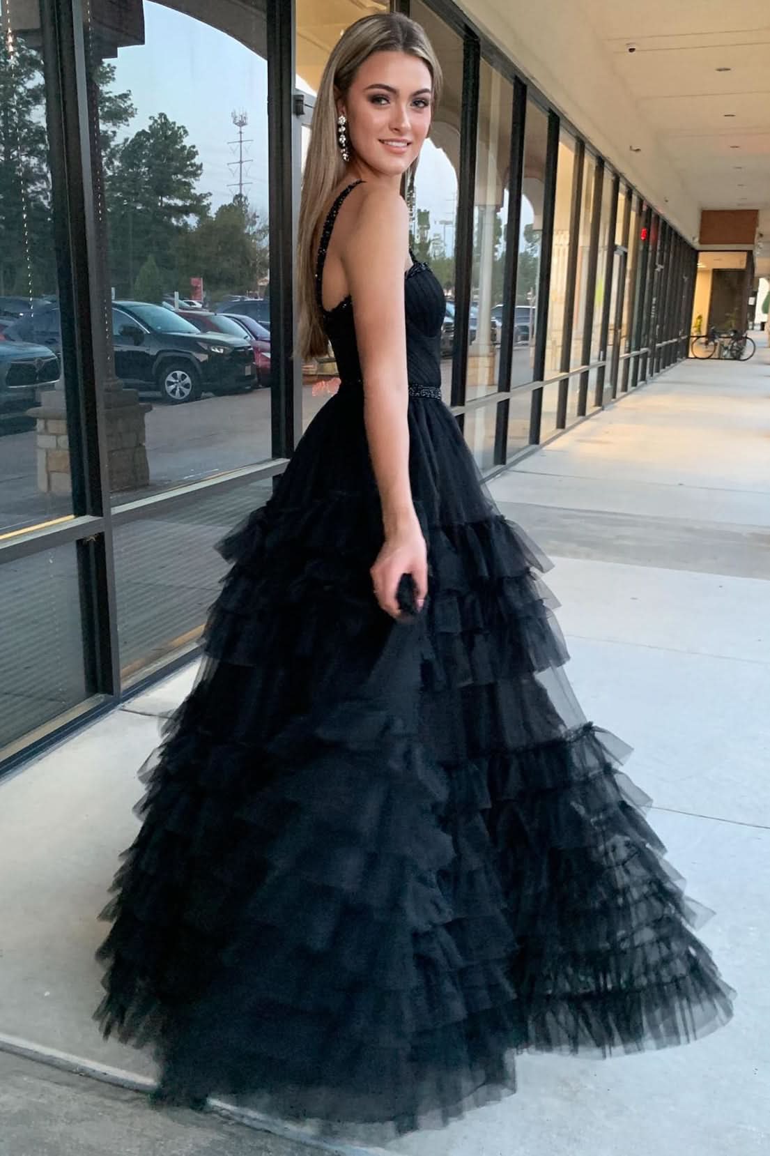 Charming Tiered Ruffle Sweetheart Beaded Long Prom Dress BM bride