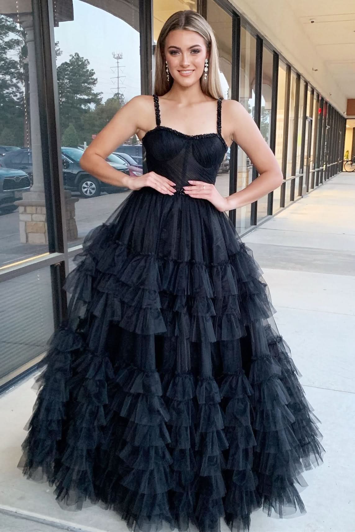 Charming Tiered Ruffle Sweetheart Beaded Long Prom Dress BM bride