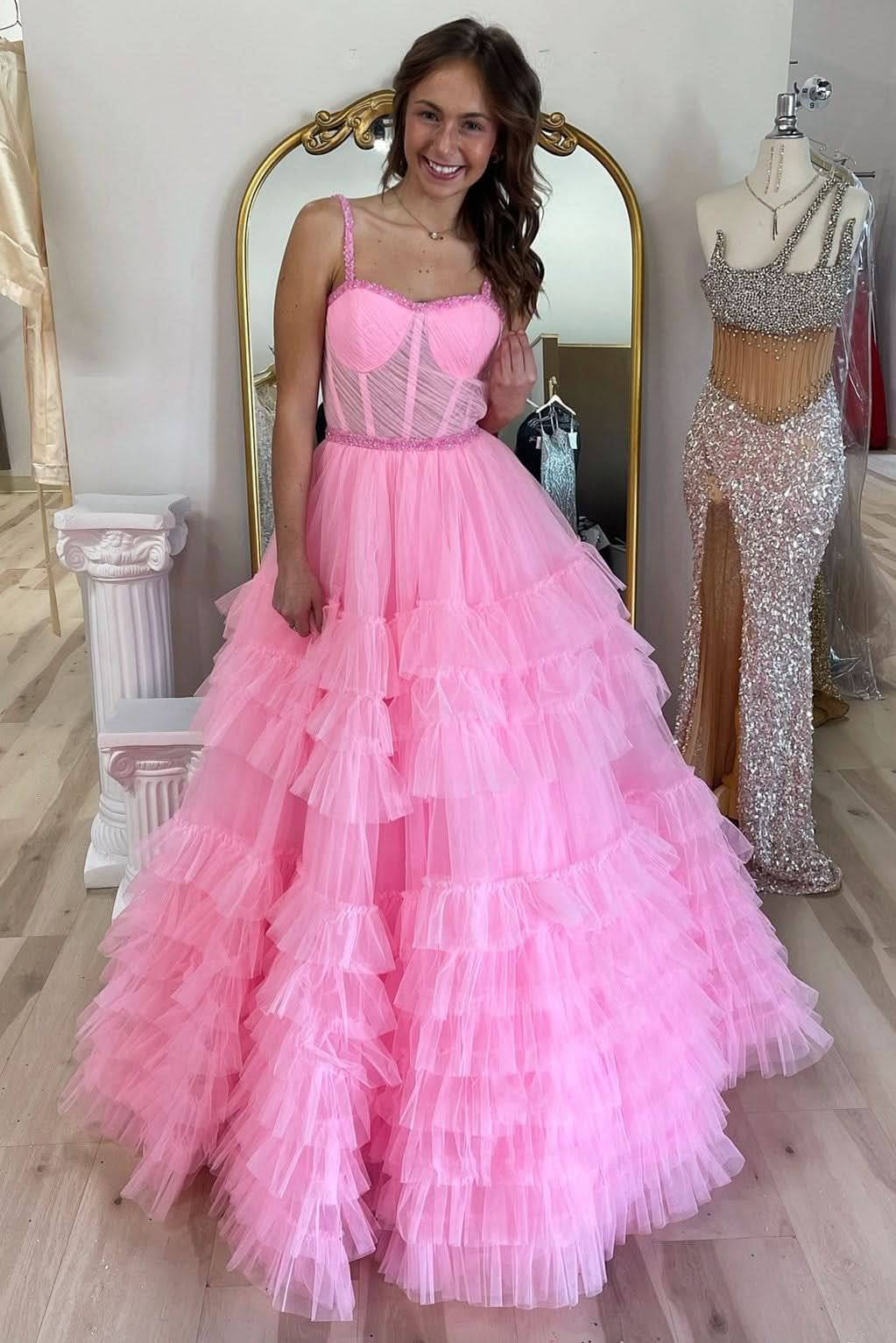 Charming Tiered Ruffle Sweetheart Beaded Long Prom Dress BM bride