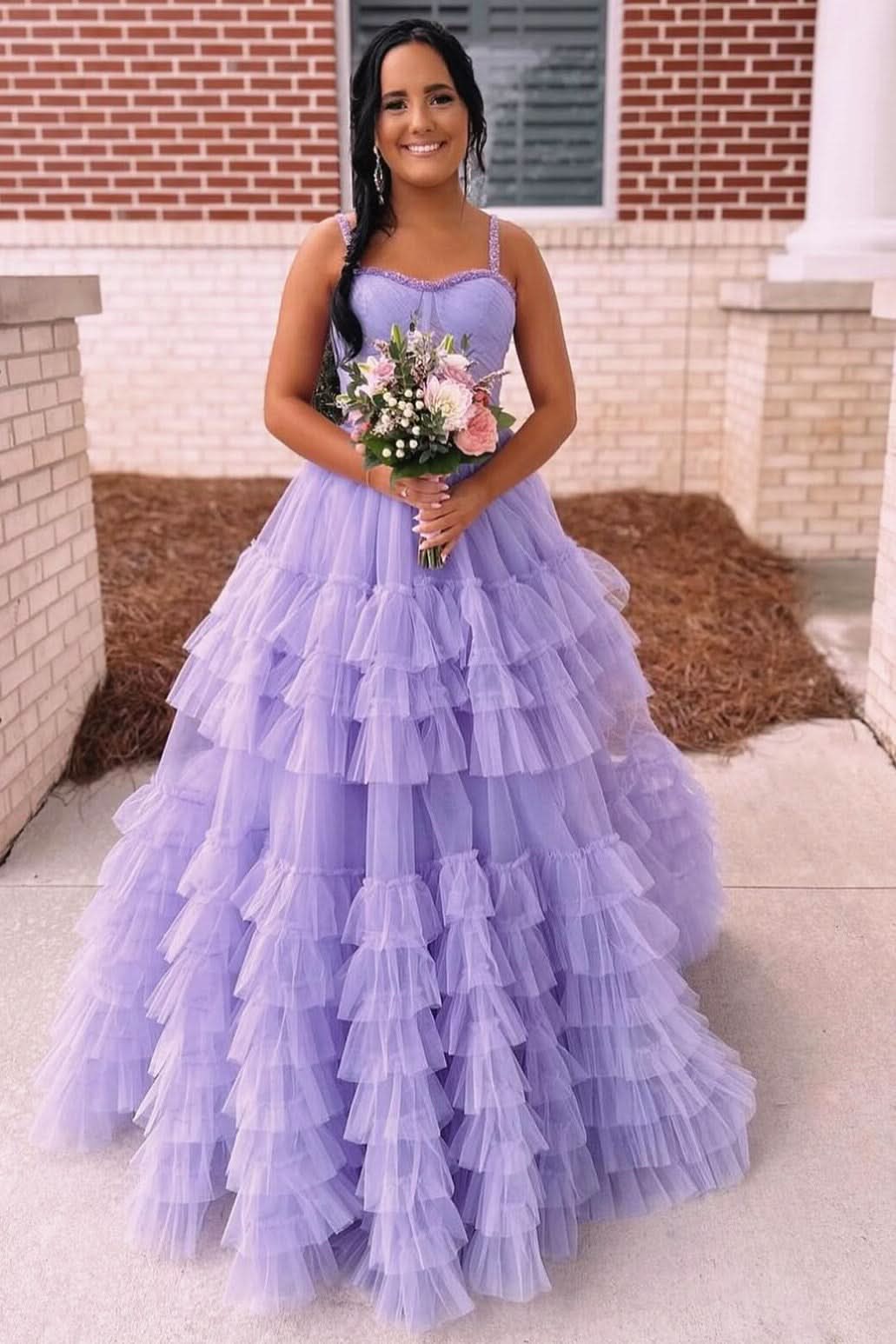 Charming Tiered Ruffle Sweetheart Beaded Long Prom Dress BM bride