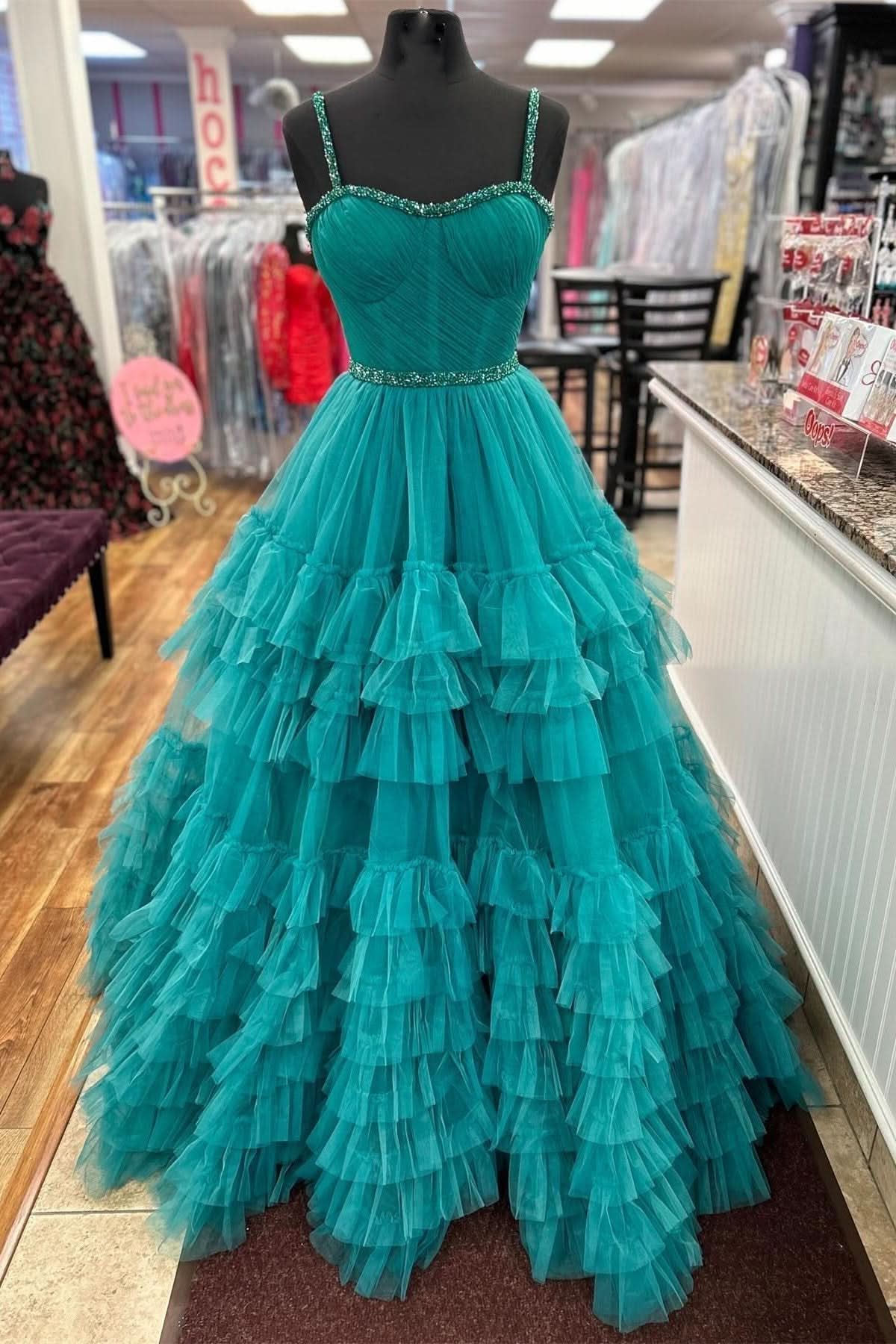Charming Tiered Ruffle Sweetheart Beaded Long Prom Dress BM bride