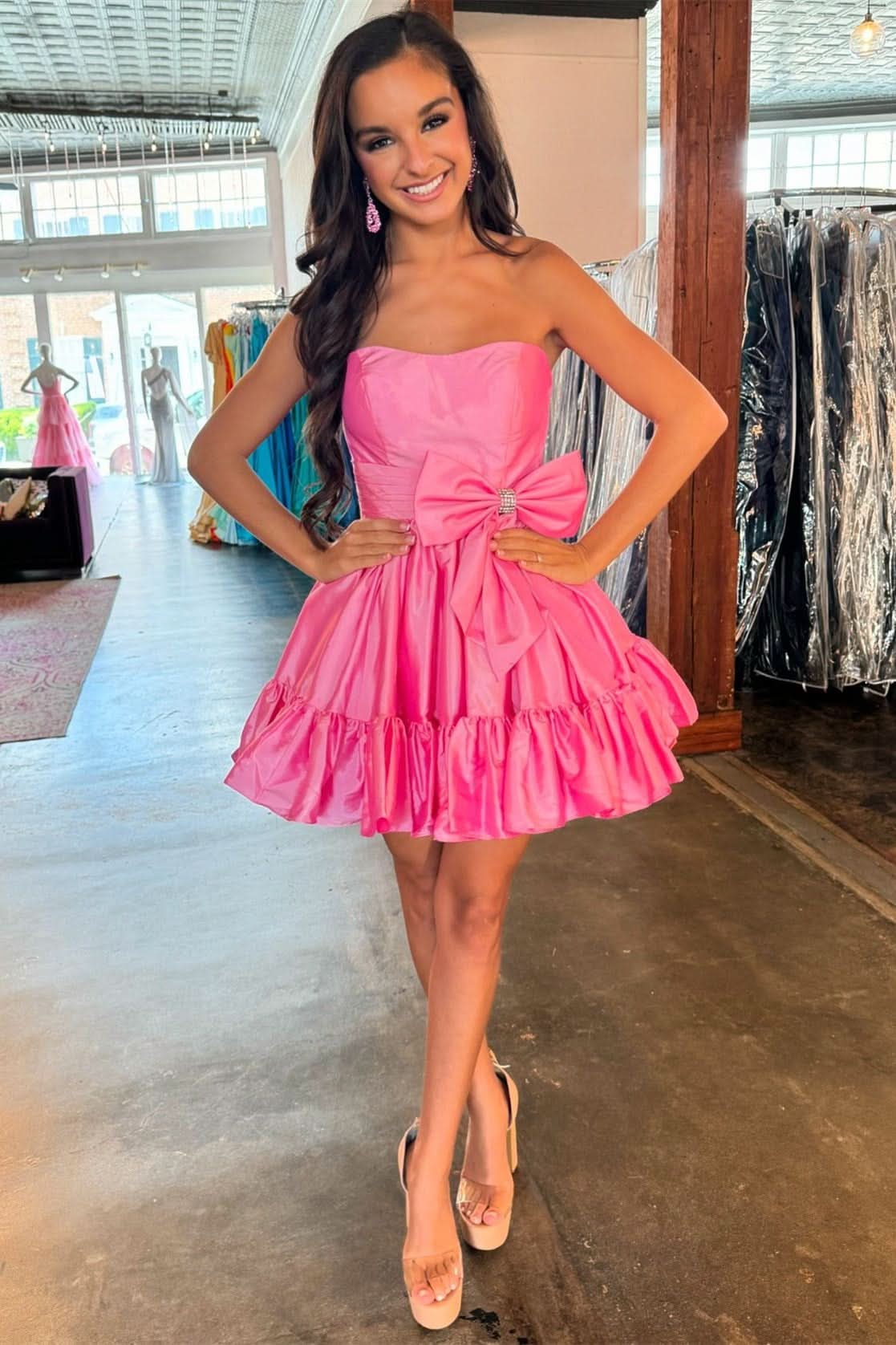 Strapless Pink Ruffled Homecoming Dress with Bow Detail BM bride