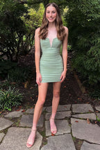 Notched Ruched Mini Homecoming Dress in Sage Green BM bride