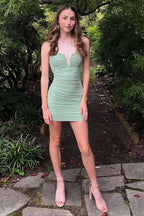 Notched Ruched Mini Homecoming Dress in Sage Green BM bride