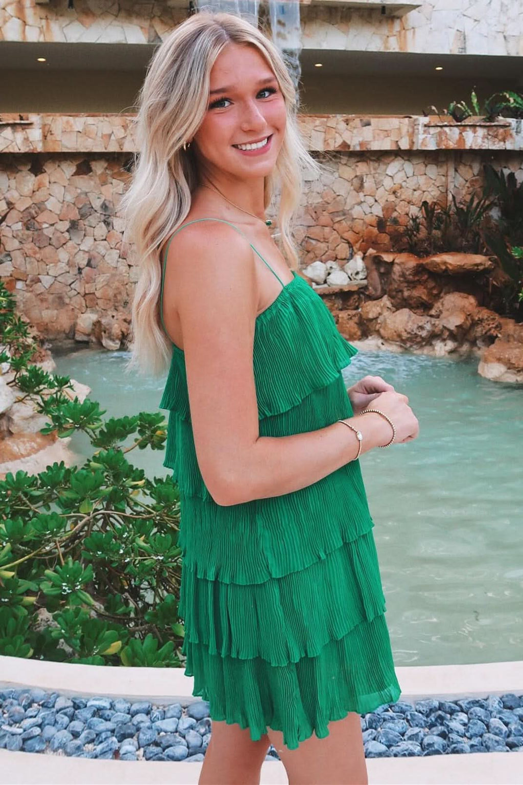Green Spaghetti Strap Ruffled Tiered Pleated Party Dress BM bride
