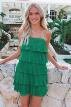 Green Spaghetti Strap Ruffled Tiered Pleated Party Dress BM bride