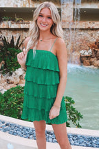 Green Spaghetti Strap Ruffled Tiered Pleated Party Dress BM bride