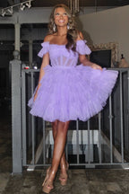 Off-the-Shoulder Lavender Lace-Up Homecoming Dress with Ruffles BM bride