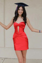Red Strapless Keyhole Ruched Satin Sheath Short Homecoming Dress BM bride