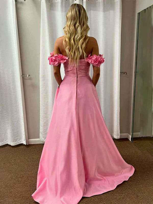Pink A-Line Off The Shoulder Pleated Satin Long Prom Dress BMBRIDE