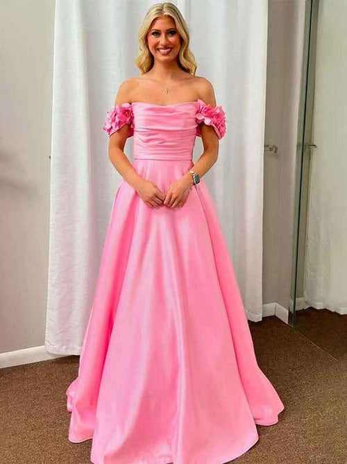 Pink A-Line Off The Shoulder Pleated Satin Long Prom Dress BMBRIDE