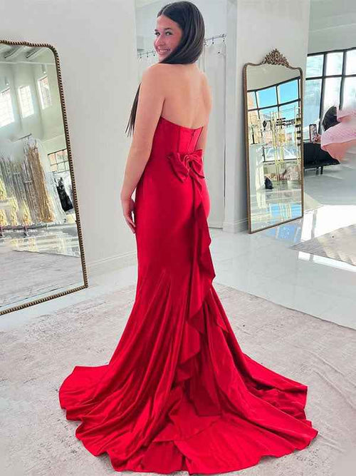 Red Mermaid Strapless Pleated Sleeveless Long Prom Dress with Bow BMBRIDE