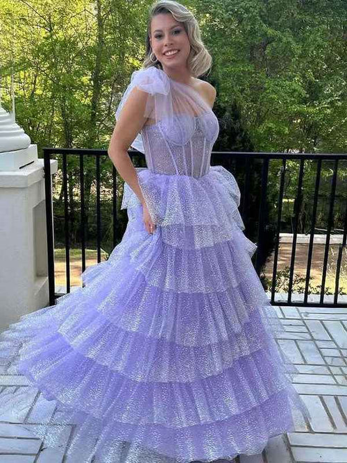 Lilac A Line One Shoulder Tiered Tulle Long Prom Dress BMBRIDE