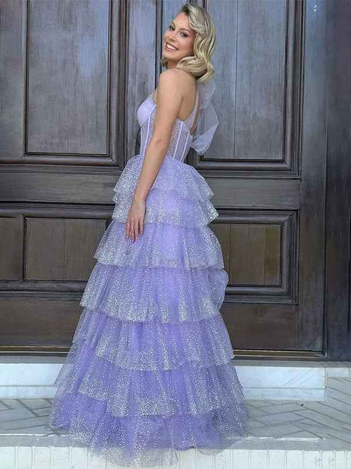 Lilac A Line One Shoulder Tiered Tulle Long Prom Dress BMBRIDE