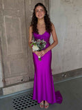 Magenta Satin Spaghetti Strap Ruched V-Neck Mermaid Prom Dress BMBRIDE