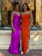 Magenta Satin Spaghetti Strap Ruched V-Neck Mermaid Prom Dress BMBRIDE
