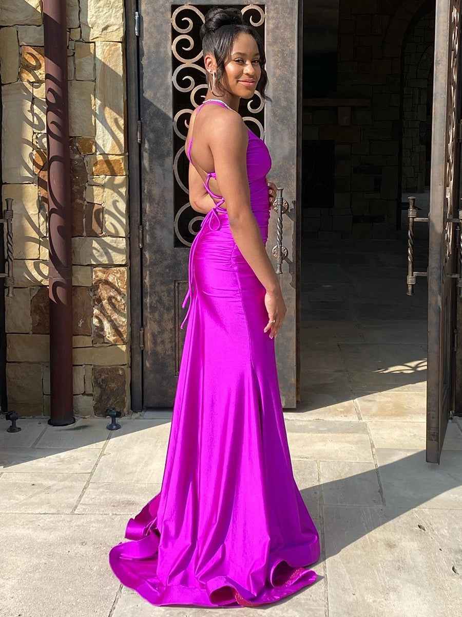 Magenta Satin Spaghetti Strap Ruched V-Neck Mermaid Prom Dress BMBRIDE
