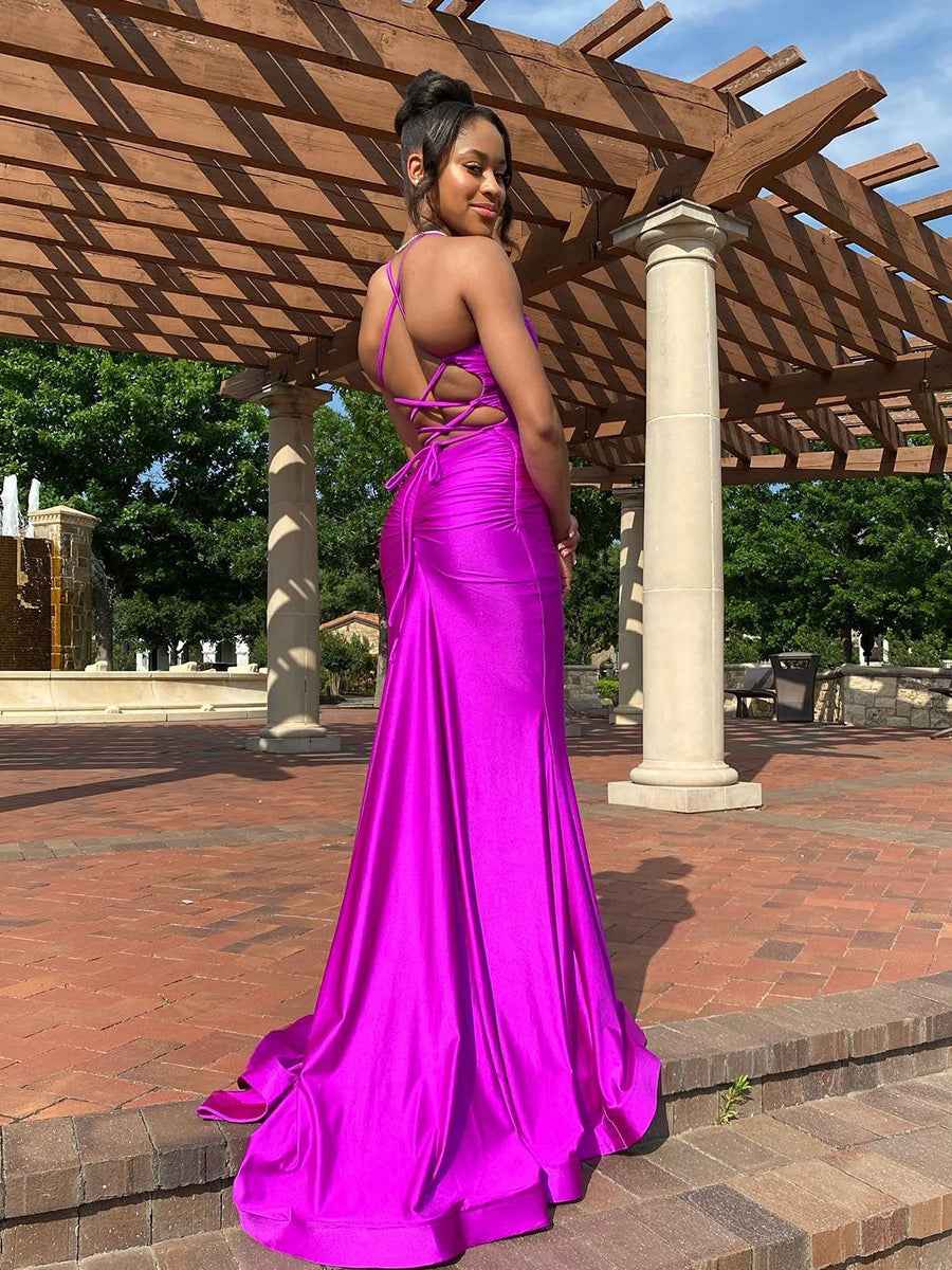 Magenta Satin Spaghetti Strap Ruched V-Neck Mermaid Prom Dress BMBRIDE