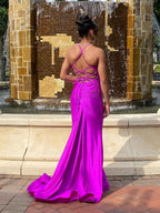 Magenta Satin Spaghetti Strap Ruched V-Neck Mermaid Prom Dress BMBRIDE