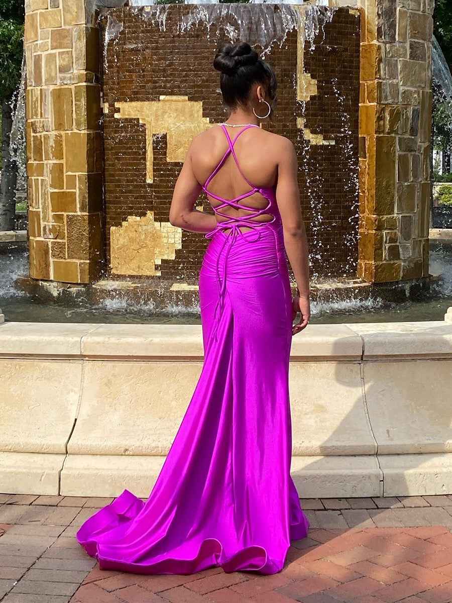 Magenta Satin Spaghetti Strap Ruched V-Neck Mermaid Prom Dress BMBRIDE