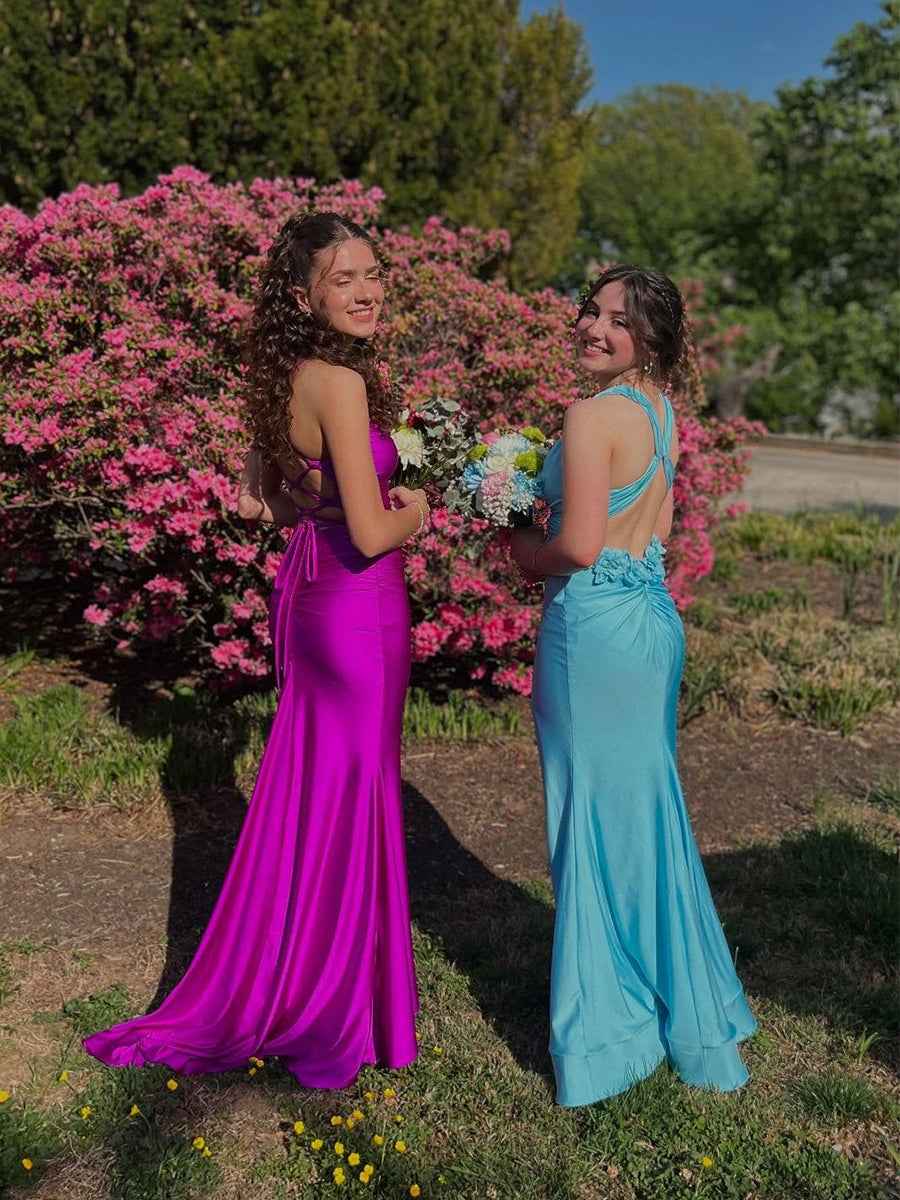 Magenta Satin Spaghetti Strap Ruched V-Neck Mermaid Prom Dress BMBRIDE
