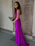 Magenta Satin Spaghetti Strap Ruched V-Neck Mermaid Prom Dress BMBRIDE